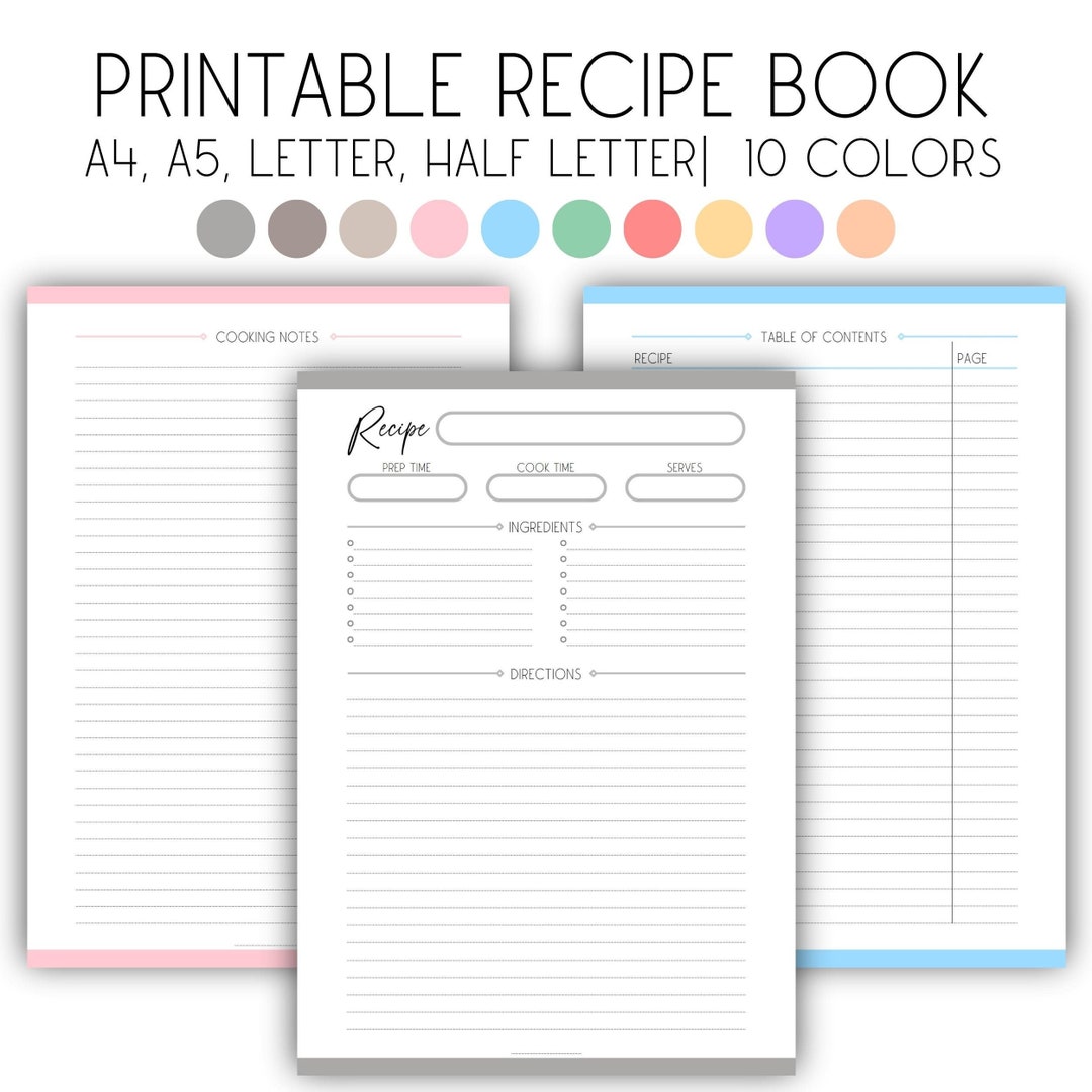Printable Recipe Book, Recipe Page Template, Colorful Cookbook, Recipe ...