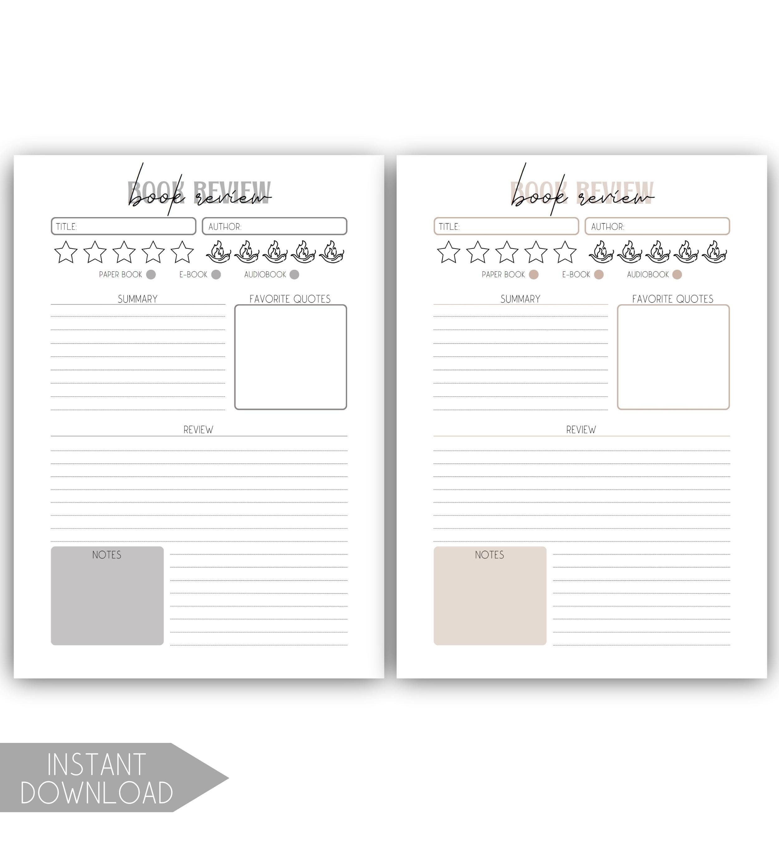Printable Book Review Template, Reading Log, Book Journal, A4 A5 Letter  Half Letter Reading Tracker, for Book Club and Book Lovers 