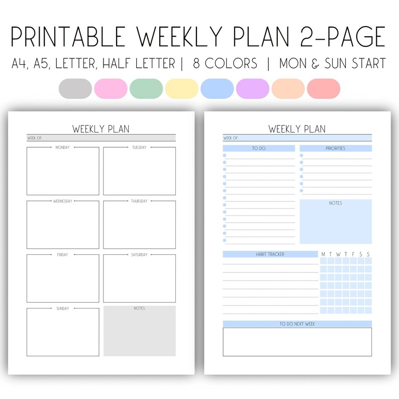 Weekly Plan Printable Week on 2 Pages Colorful Weekly - Etsy