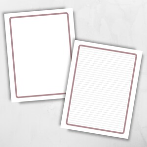 Op de afbeelding: Twee bedrukbare briefpapierbladen met een roze rand. Het eerste blad is leeg. Het tweede blad is gestreept.