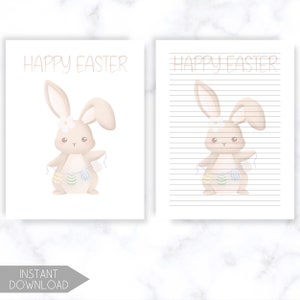 K&ouml;nnte beinhalten: Zwei druckbare Kunstdrucke zum Thema Ostern. Einer zeigt ein H&auml;schen, das eine Ostereiergirlande mit dem Text "HAPPY EASTER" h&auml;lt. Der andere hat das gleiche Hasen-Design auf liniertes Papier. Der Text "INSTANT DOWNLOAD" ist ebenfalls vorhanden.