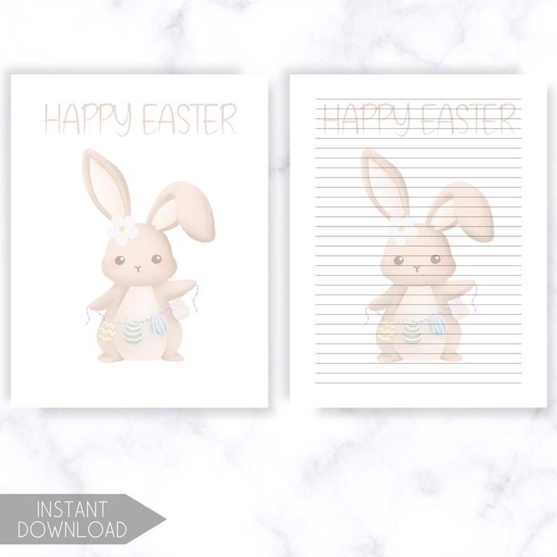 K&ouml;nnte beinhalten: Zwei druckbare Kunstdrucke zum Thema Ostern. Einer zeigt ein H&auml;schen, das eine Ostereiergirlande mit dem Text "HAPPY EASTER" h&auml;lt. Der andere hat das gleiche Hasen-Design auf liniertes Papier. Der Text "INSTANT DOWNLOAD" ist ebenfalls vorhanden.