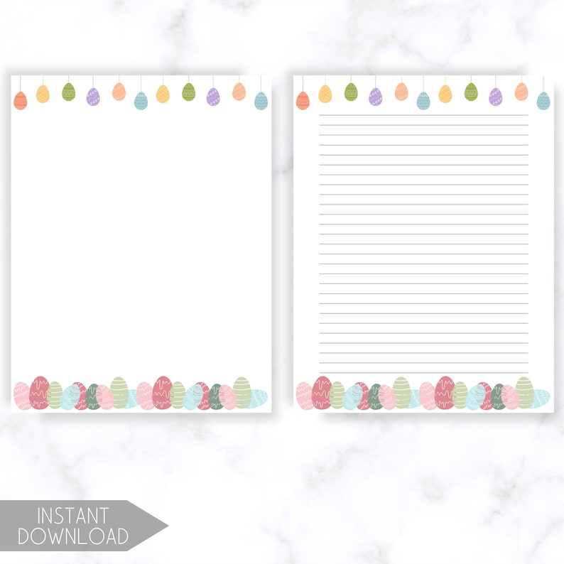 K&ouml;nnte beinhalten: Zwei wei&szlig;e Papierb&ouml;gen mit Osterei-Designs. Einer ist leer, der andere hat Linien. Pastellfarbene Ostereier schm&uuml;cken die oberen und unteren R&auml;nder. Der Text "INSTANT DOWNLOAD" befindet sich unten.
