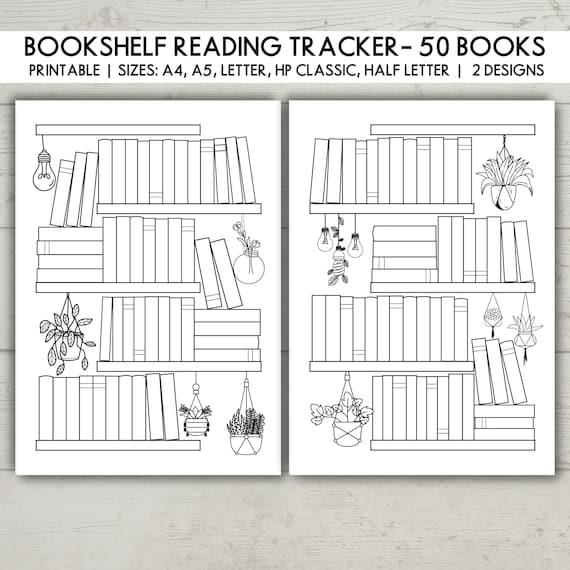 50 Bookshelf Reading Tracker Printable, Reading Log A4 A5