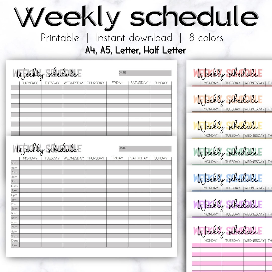 Weekly Schedule Printable, Weekly Planner, Hourly Weekly Planner
