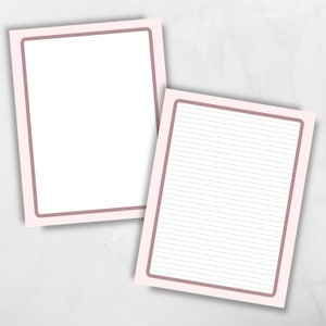 Op de afbeelding: Twee blanco, printbare briefpapierbladen met een roze achtergrond en een bruine rand. E&eacute;n blad is gestreept en het andere is blanco.
