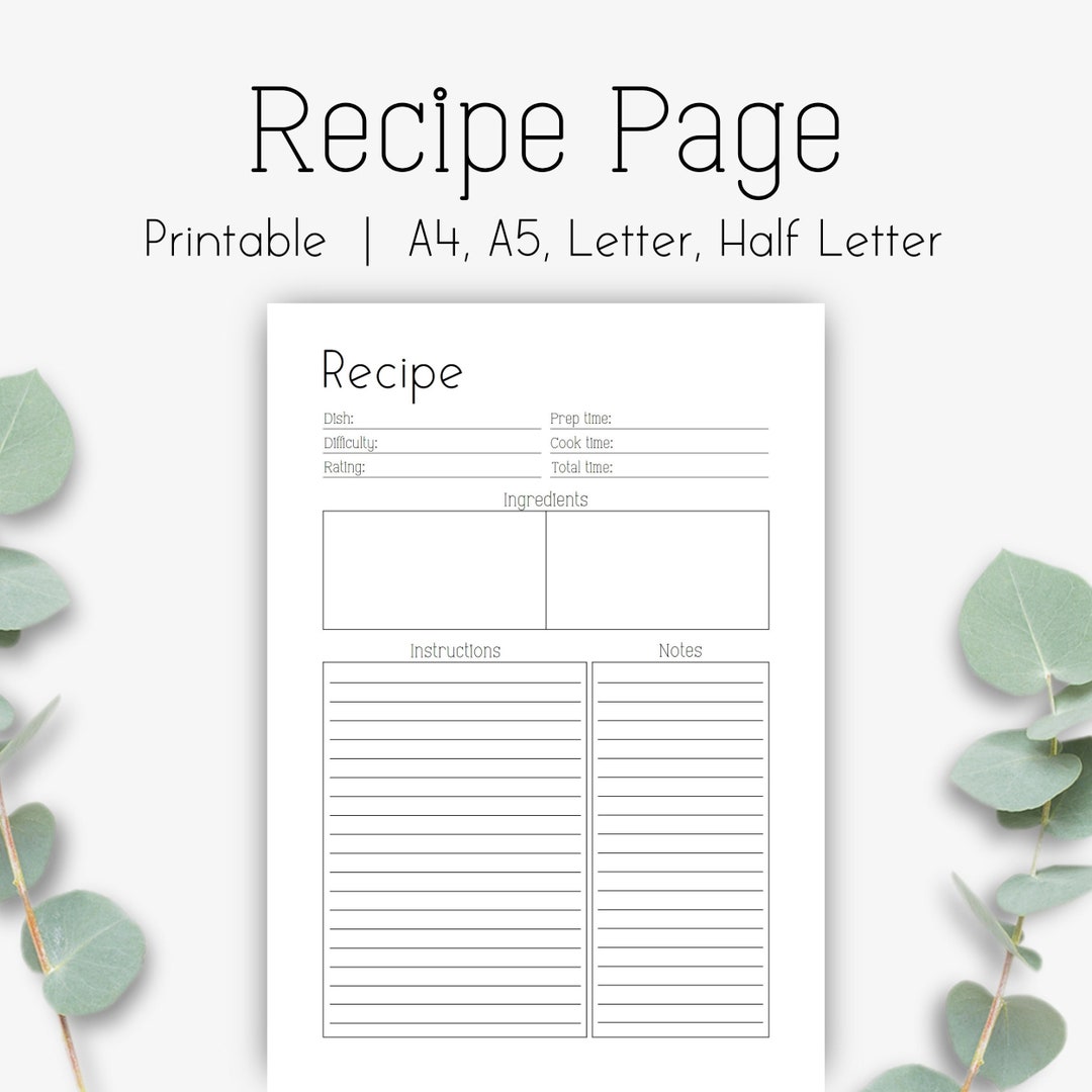 Recipe Page Printable, Recipe Page Template, Recipe Sheet A4 A5 Letter Half Letter, Recipe Card ...