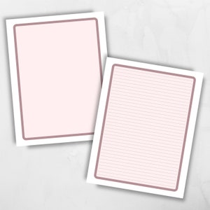 Op de afbeelding: Twee bedrukbare briefpapierbladen met een roze achtergrond en een bruine rand. E&eacute;n blad is leeg en de andere heeft dunne, gelijkmatig verdeelde lijnen.