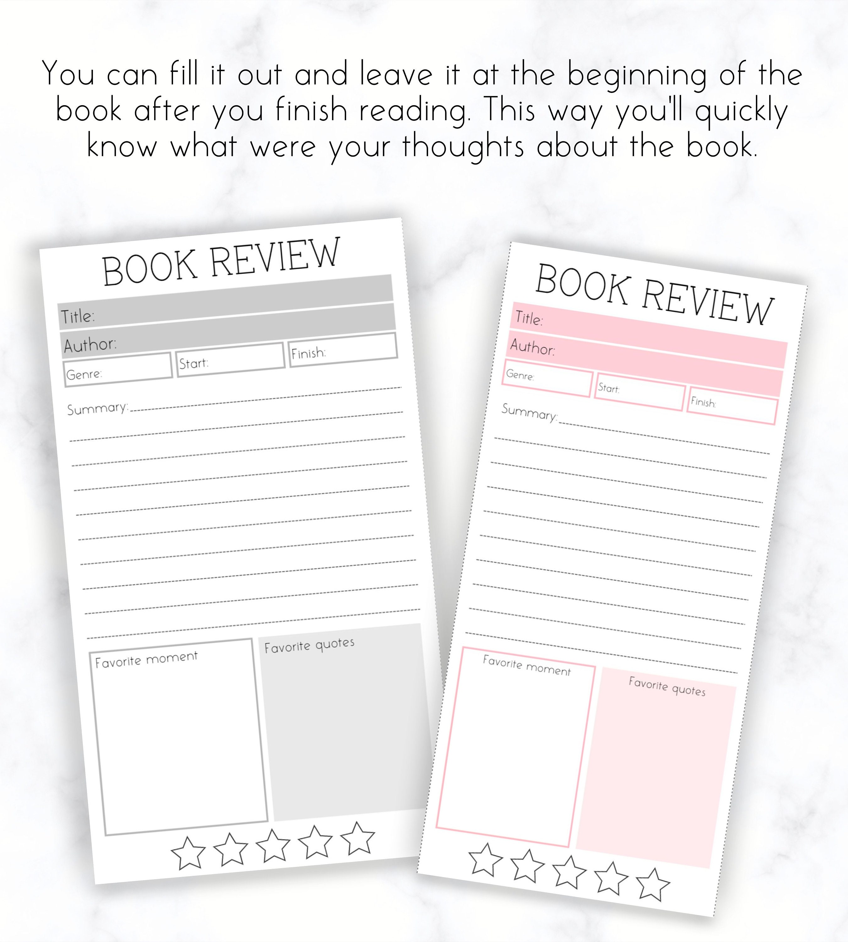 Book Review Bookmarks Printable Reading Tracker Review Etsy