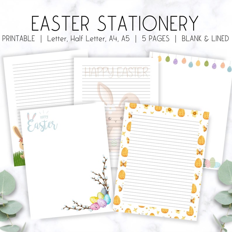 K&ouml;nnte beinhalten: Oster-Briefpapier-Set mit f&uuml;nf Seiten, liniert und unliniert. Designs umfassen Ostereier, Hasen und den Text "Happy Easter". Druckbar in den Formaten Letter, Half Letter, A4 und A5.