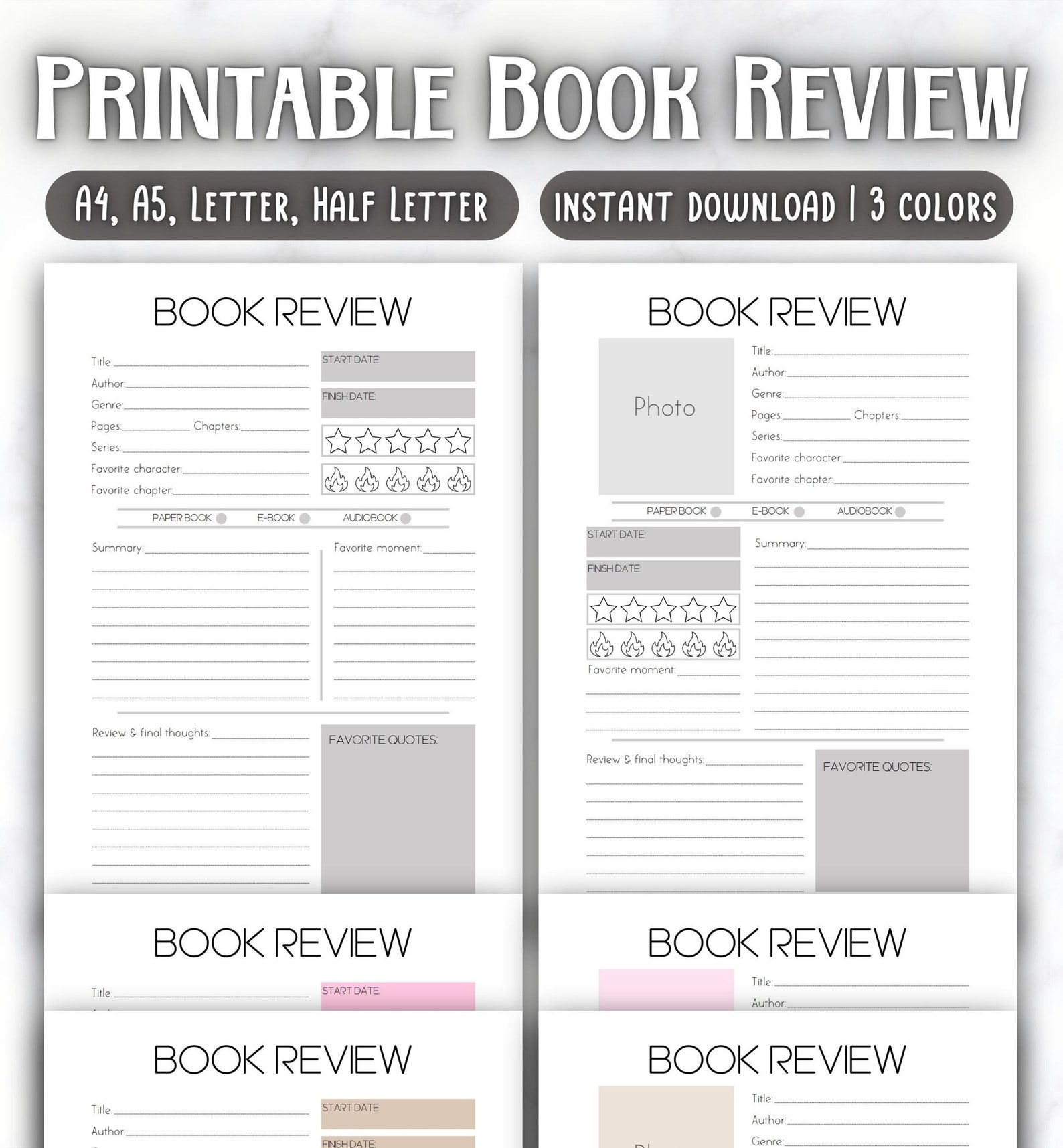 Book Review Template Printable Reading Journal Reading - Etsy