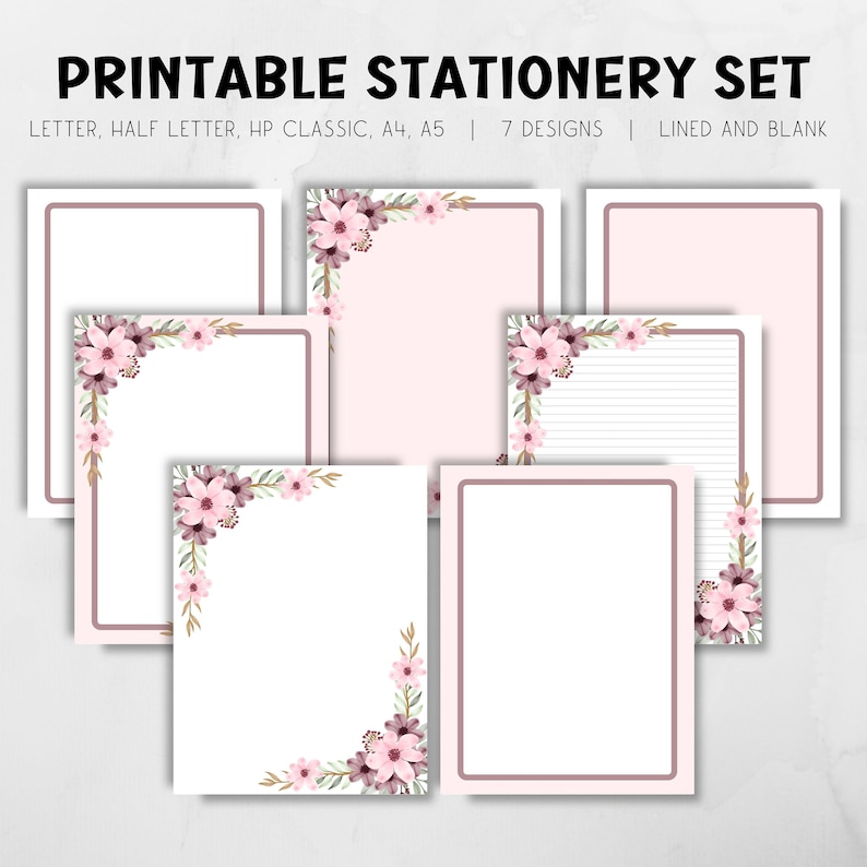 Afdrukbare briefpapierset met bloemen: gelinieerd briefpapier (digitale download) afbeelding 1
