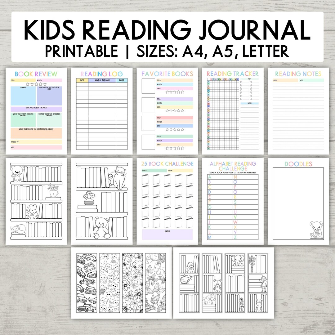 Kids Reading Journal Printable, Bookshelf Reading Log for