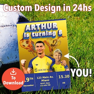 Convite personalizado de aniversário do Cristiano Ronaldo CR7 Al Nassr Party Invite Digital Download Convite com tema de futebol para impressão