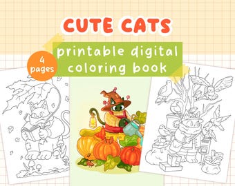 Dibujos de gatos para colorear / Descarga digital / Libro para colorear de animales fácil de imprimir