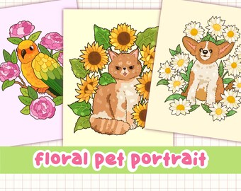 Custom Pet Portrait with Flowers | Digital Download | hand drawn cartoon personalised commission