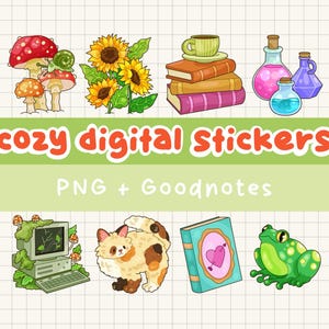 40 cozy digital stickers, pre-cropped digital stickers, Goodnotes sticker book, cute cottagecore printable planner and journal stickers