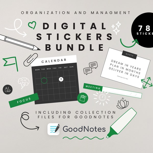 Digital Productivity Stickers Pack for Goodnotes | Precropped Aesthetic Digital Stickers Set | Stickers bundle in PNGs, sheets, elements