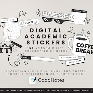 Academic Digital Stickers Book for GoodNotes | Pre-cropped Study Stickers Bundle | Stickers College Pack