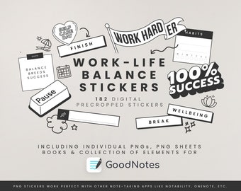 Work-Life Balance Digital Stickers for GoodNotes | Pre-cropped Stickers Bundle | Stickers College Pack | Stickes Books & PNG files / sheets