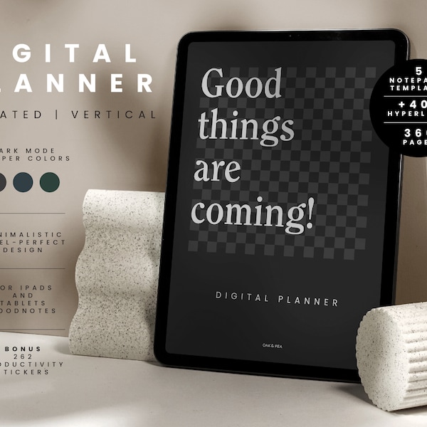 Digital Undated Minimalist Dark Mode Planner, Dark Green Blue Black Planner, Portrait Daily Planner, Daily Schedule iPad, GoodNotes Planner