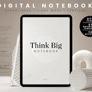 Puede incluir: Una maqueta de una aplicación de cuaderno digital en una tableta con el texto "Think Big Notebook" mostrado en la pantalla. La tableta está rodeada de objetos blancos texturizados. La aplicación cuenta con 270 páginas, 21 plantillas de papel para notas y 12 divisores.