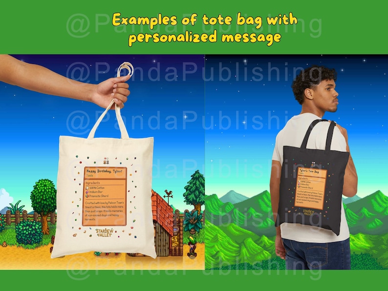 Puede incluir: Dos bolsas de tela con mensajes personalizados inspirados en el videojuego Stardew Valley. Una bolsa es blanca con un mensaje de cumplea&ntilde;os y la otra es negra con un mensaje "Stardew Time Bag".