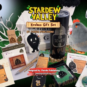 Paquete de regalo de Stardew Valley Krobus / Regalos de Stardew Valley con temática de Krobus / Vaso, peluche de pollo Void, llavero, papelería, bolso de mano y más
