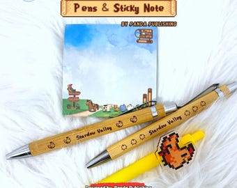 Stardew Valley Inspired Pen & Sticky Note Bundle | Stardew Valley Gift Set, Cozy gamer gift, Gamer Desk Accessories, Engraved Wooden Pens
