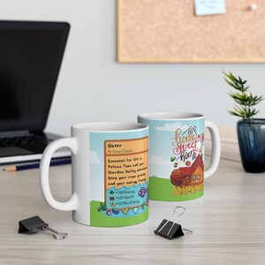 May include: Two white ceramic mugs with different designs. The mug on the left has a pixelated design of a video game character with the text "Water Artisan Goods Essential for life is Pelican Town and your Stardew Valley adventure Keep your crops growing and your energy flowing +200 Energy +105 Health +30 Max Energy". The mug on the right has a cartoon illustration of a house with the text "Home Sweet Home".