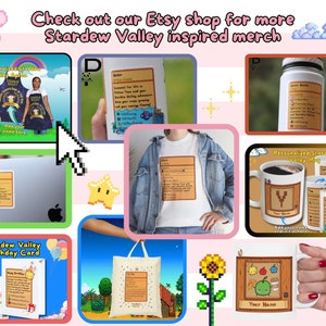Puede incluir: Un collage de mercanc&iacute;a inspirada en Stardew Valley, que incluye un delantal personalizado, una tarjeta de cumplea&ntilde;os, una taza, una bolsa de mano, una botella de agua y una pegatina. La mercanc&iacute;a presenta gr&aacute;ficos de pixel art y texto que dice "Stardew Valley" y "Stardew Valley personalizado".