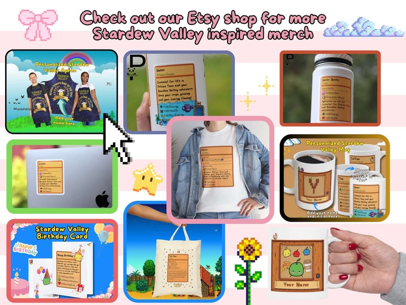 Puede incluir: Un collage de mercanc&iacute;a inspirada en Stardew Valley, que incluye un delantal personalizado, una tarjeta de cumplea&ntilde;os, una taza, una bolsa de mano, una botella de agua y una pegatina. La mercanc&iacute;a presenta gr&aacute;ficos de pixel art y texto que dice "Stardew Valley" y "Stardew Valley personalizado".