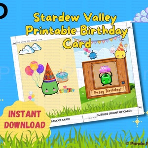 Carte d'anniversaire Stardew Valley, téléchargement numérique, cadeau d'anniversaire Stardew Valley, carte de voeux imprimable inspirée de Stardew Valley, gâteau rose Jumino