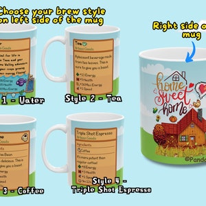 May include: White ceramic mug with a pixelated image of a house with the text "home sweet home" on the right side. The left side of the mug has four different designs for beverages: water, tea, coffee, and triple shot espresso. Each design includes a pixelated image and text describing the beverage and its effects.