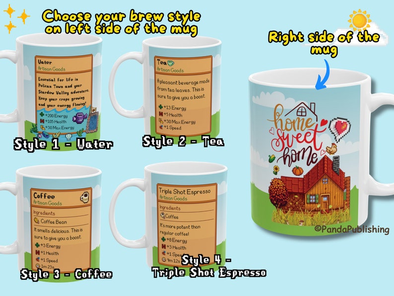 May include: White ceramic mug with a pixelated image of a house with the text "home sweet home" on the right side. The left side of the mug has four different designs for beverages: water, tea, coffee, and triple shot espresso. Each design includes a pixelated image and text describing the beverage and its effects.