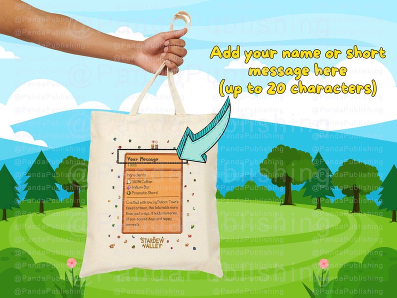 Puede incluir: Una bolsa de tela blanca con un dise&ntilde;o marr&oacute;n y naranja que incluye el texto "Your Message" y "Stardew Valley". La bolsa tiene una flecha azul y blanca que apunta al dise&ntilde;o. El texto "Add your name or short message here (up to 20 characters)" est&aacute; escrito en amarillo en la parte superior de la imagen.