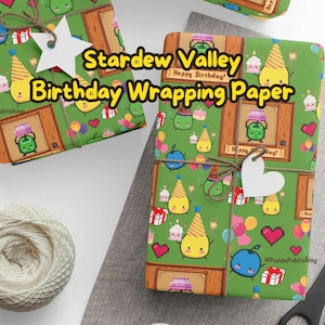 May include: Green wrapping paper with a pixelated character from the video game Stardew Valley. The paper features a repeating pattern of the character, hearts, balloons, and birthday cake. The text "Stardew Valley Birthday Wrapping Paper" is printed on the paper.