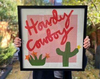 Howdy Cowboy - Large Limited Edition screen print - 50cm square - retro colours