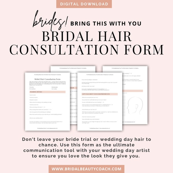 Bridal Hair Consultation Form, Pre-Wedding Beauty, Bride Hair Trial, 2023 Brides, 2024 Brides, Wedding Template