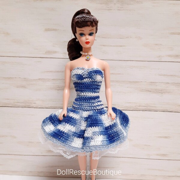 Frilly Hydrangea Dress in Blues ~ Boutique Crochet for 11.5" Fashion Dolls - Fits Multiple Body Types - 1:6 Scale - Handmade