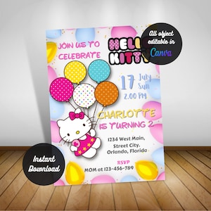 Kitty Cat Cartoon - Birthday Invitation - Digital E-Invite - Easy Personalized Template