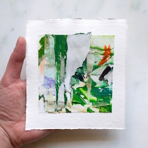 Colagem de paisagem abstrata de pintura original em papel | Colagem original de folhas verdes | Arte de parede texturizada pequena | Sob o salgueiro | 2023