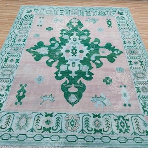 Handmade Pink & Green Oriental Rug: Tufted New Zealand Wool Carpet