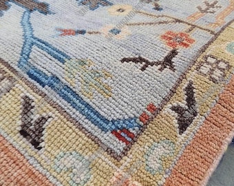 Handmade Oushak Wool Rug | Peach and Blue Vintage Turkish Carpet