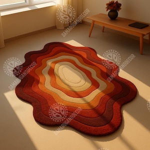 Retro Wavy Rug – Irregular Tufted Carpet in Sunset Orange & Red Tones | 70s Style Groovy Accent Rug | Funky Floor Decor for Home