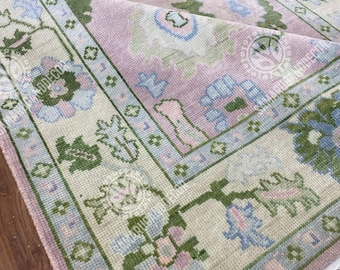 Hand-Knotted Wool Rug – Pink & Green Floral, Boho Cottagecore