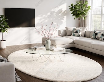 Handmade White round Tufted Rug – Minimalist Modern Wool Area Rug for Living Room, Bedroom | Soft Plush Neutral Home Decor Carpet  8x8 rug