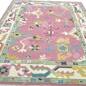 Pink & Green Hand-Knotted Runner Rug | Small Bohemian Area  | Traditional Floral Wool Mat | Entryway Accent ARS