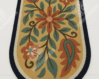 Handmade Oval Tufted Rug – Vintage Floral Paisley, Mustard Rust Green