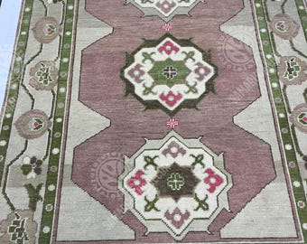 Handmade Wool Oushak Rug | Pink & Green Oriental Area Carpet